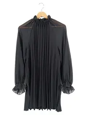 Vorschaubild 1 von Damen Blusenkleid XS 34 Schwarz Elegant Plissee Rüschen Langarm