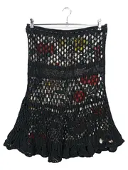 Vorschaubild 2 von A-Linienrock Damen Gr. 40/L Schwarz Lochmuster Baumwolle Leinen